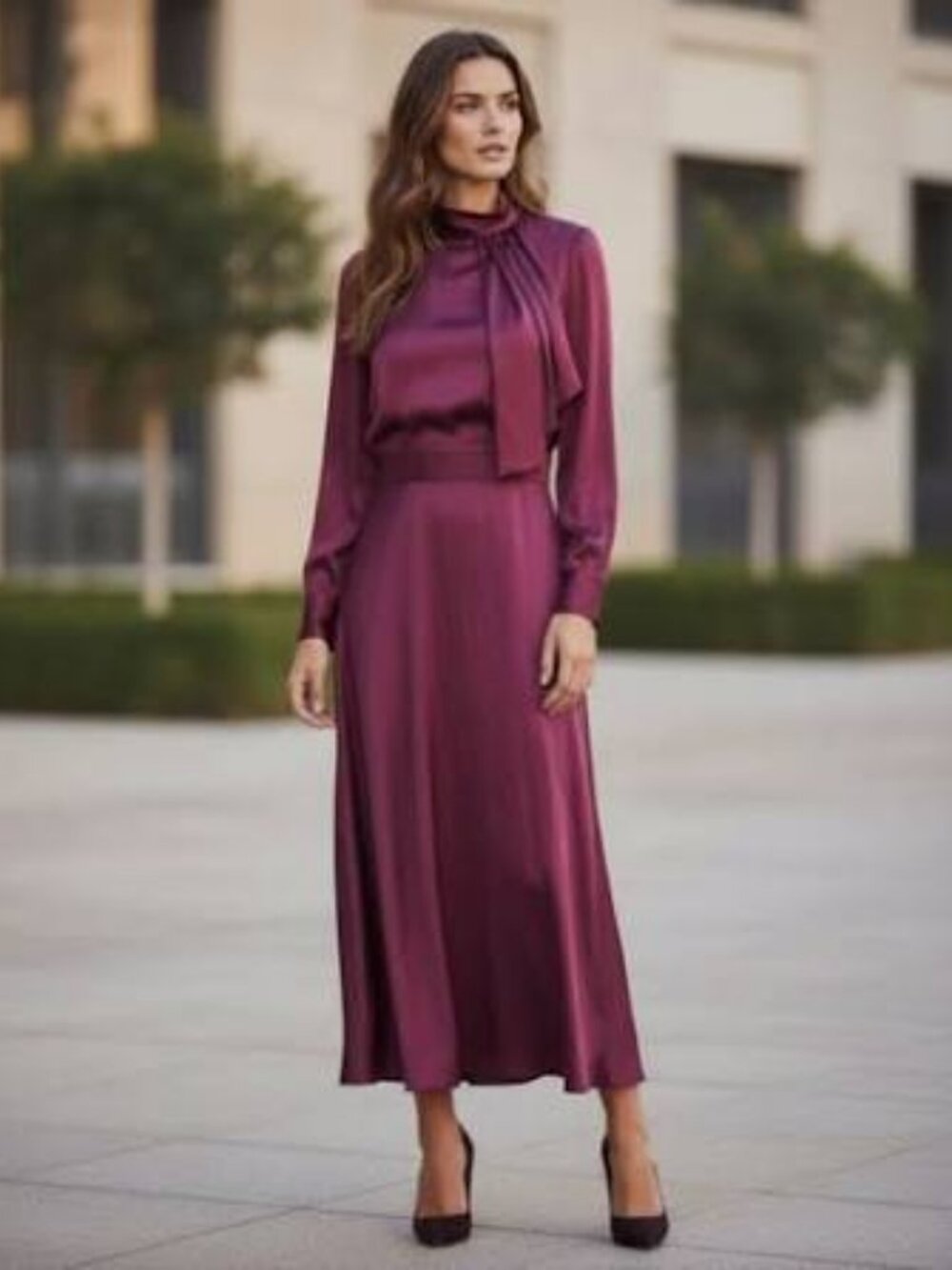 Alexia Admor Tie Mock Neck Satin Midi Brooklyn Dress in Burgundy size 10 NWOT